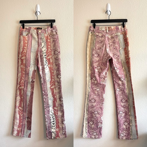 Y2K Rare Roberto Cavalli Floral Leopard Print Denim Patchwork Womens Size US 8 - Picture 1 of 13
